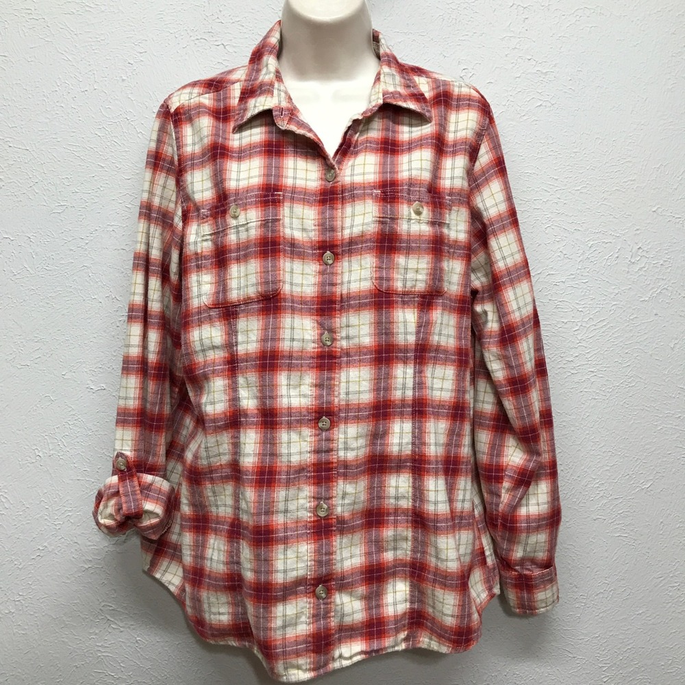 Eddie Bauer Plaid Button Down Women Large Red White Roll Tab Flannel Shirt